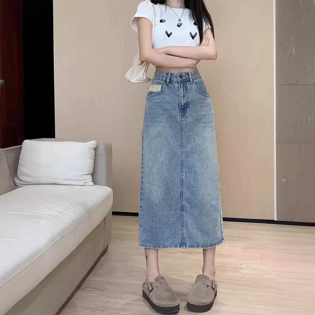 New Summer High Waist A-Line Denim for Women Plus Size Slimming Mid-Length Slit Bodycon Skirt