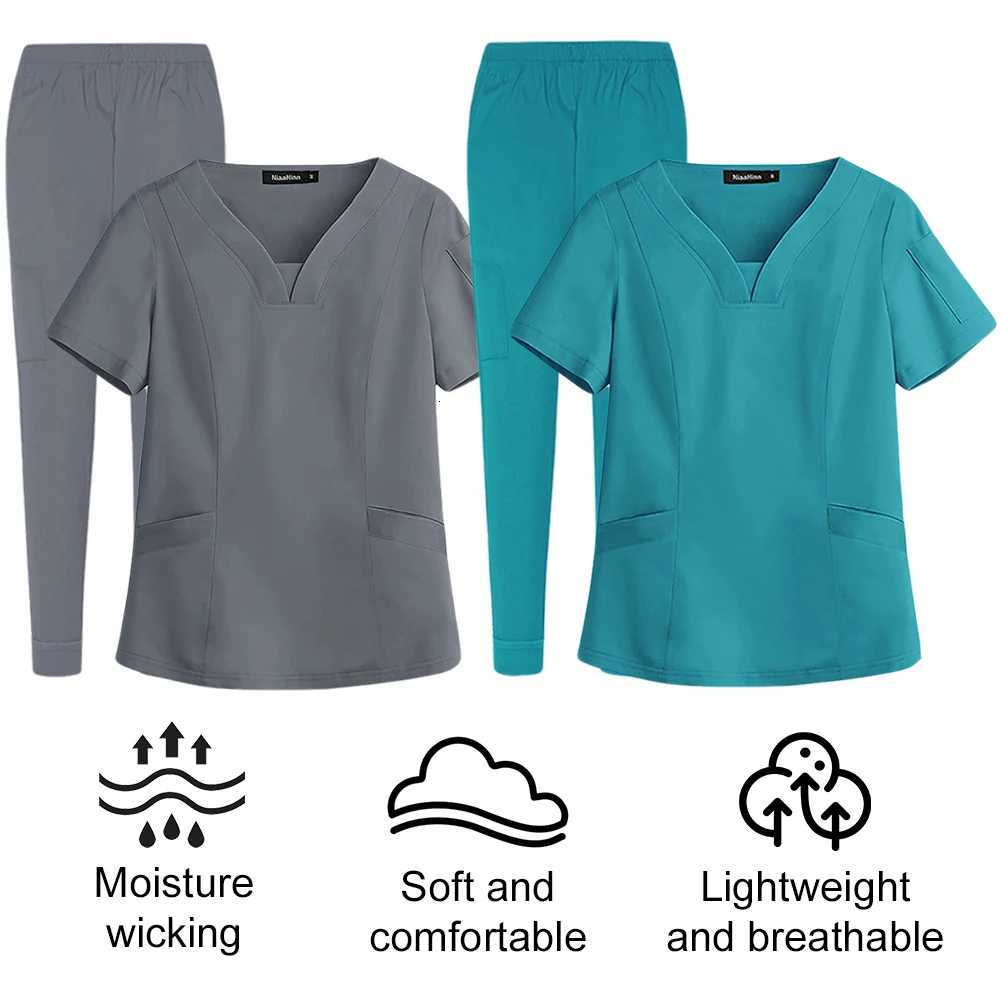 Unisex Medical Nurse Beauty Salon Workwear V-Neck Doctor Nurse Scrubs Set Hospital Surgical Work Clothes for Women Men Z250718