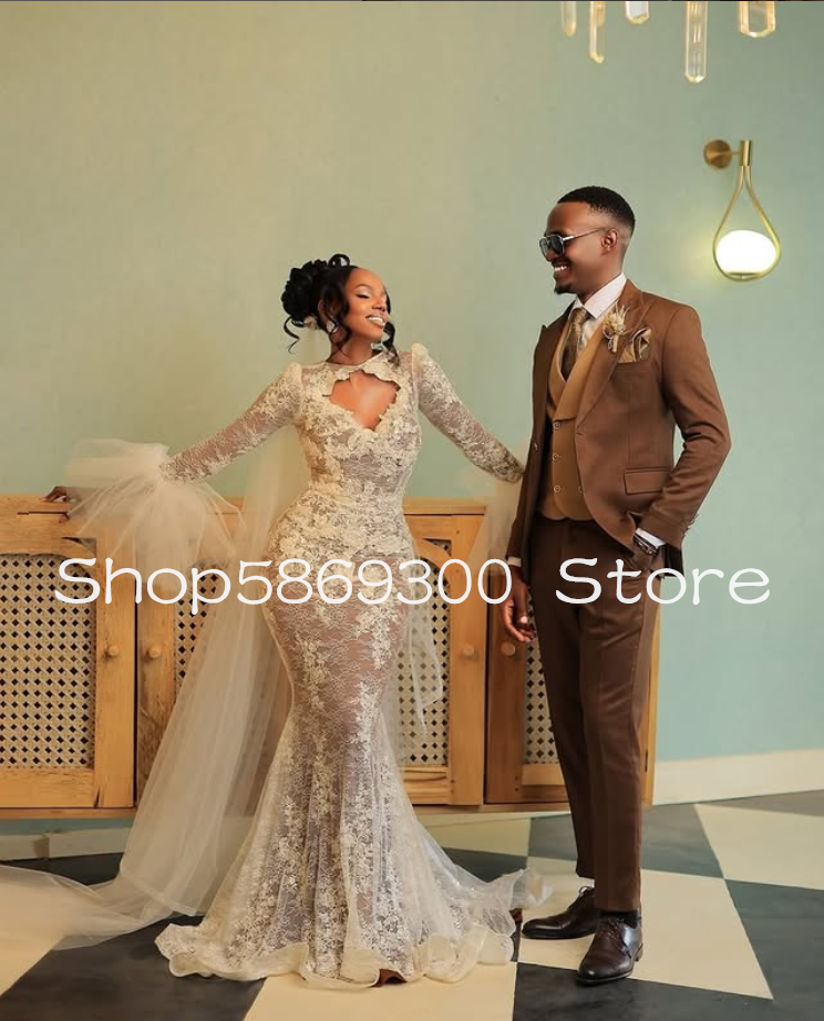 Mermaid Beach African Wedding Dresses With Long Sleeve Lace Applique Tulle Aso Ebi Garden Church Bridal Gown Customsized