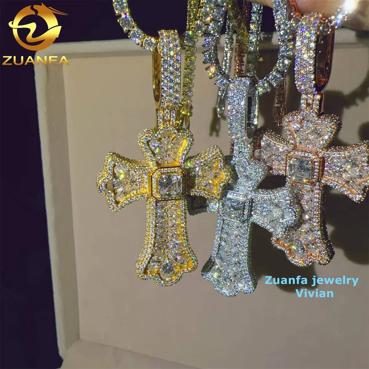 Custom Hip Hop Moissanite Diamond Pendant VVS Color Sterling Silver 925 Iced Fine Jewelry Moissanite Cross Pendant