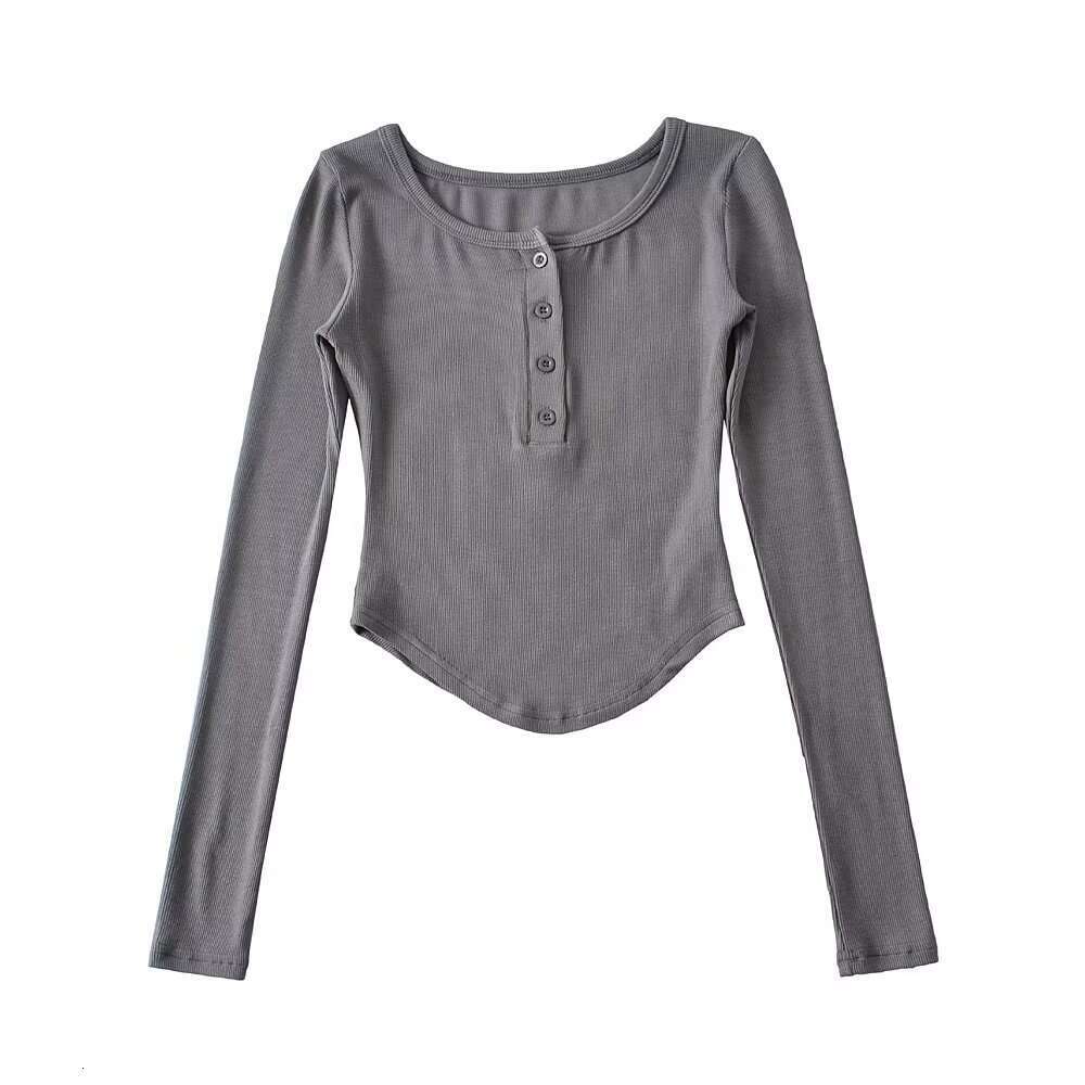 Spicy Girl Tight-Fitting Short-Sleeve T-Shirt For Women, Half-Button Round Neck, Curved Edge, Stretchy Slim-Fit Short Sports Top, Ins Style B5 g7