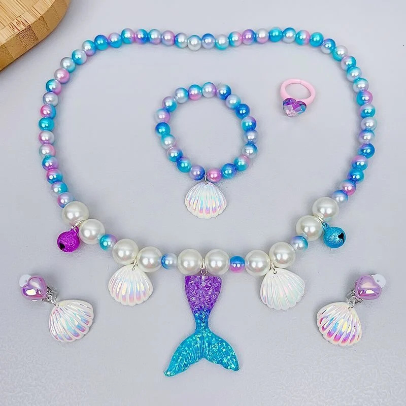 2/5pcs Girls Jewelry Sets Mermaid Pearl Necklace Bracelet Ring Earring Set Kids Toys Children Princess Fashion Accessories 250715