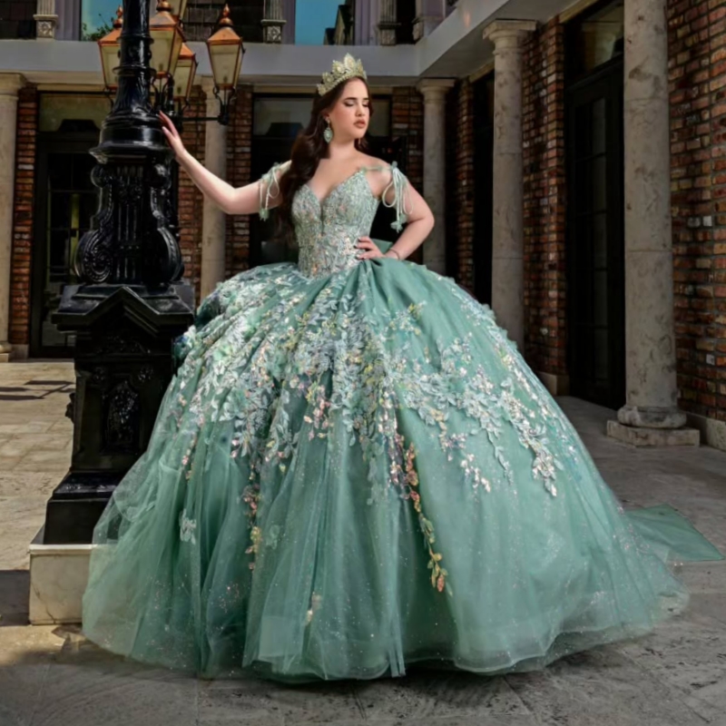 Mint Green Shiny Quinceanera Dresses Ball Gown Off The Shoulder Applique Lace Beads Tull Corset Party Birthday Sweet 16 Dress Vestidos 15 Anos