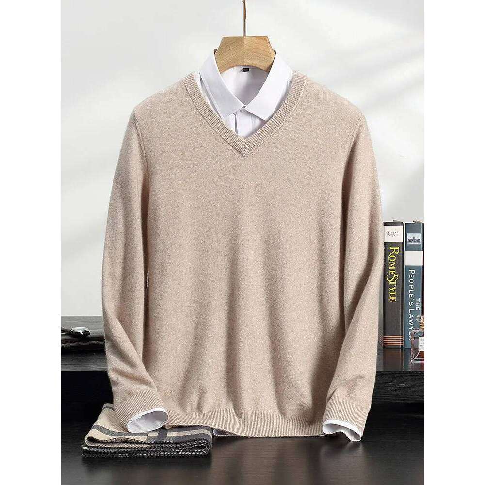 Aliselect Autumn Winter Men Sweater V-Neck Long Sleeve Pullover 100% Cashmere Knitwear Smart Casual Soft Comfort Jumper