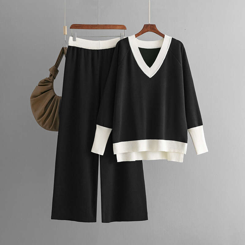 Fashion Casual for Women 2024 Autumn Winter New V-neck Color-block Knit Sweater Loose Wide-leg Pants Two-piece Set