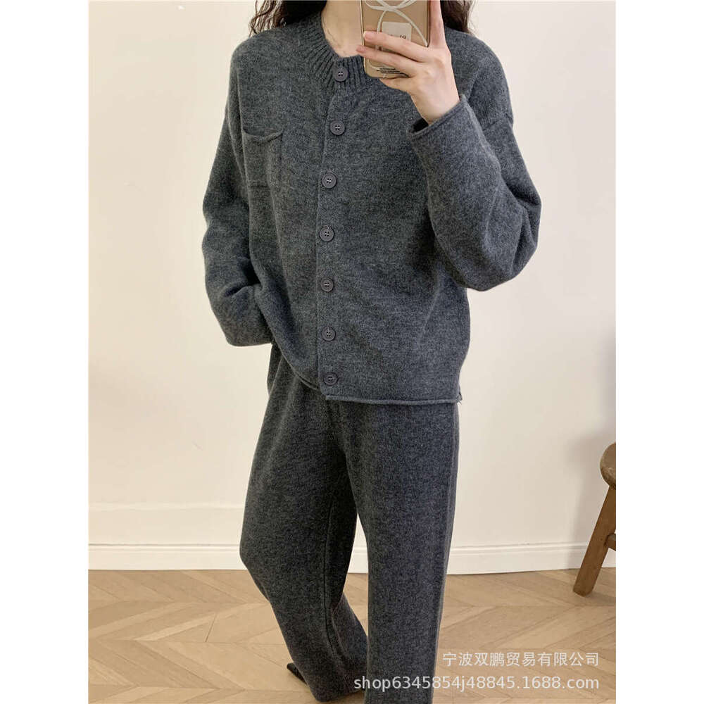 Autumn Winter New Loose Knitted Suit For Women Round Neck Cardigan Sweater + Wide Leg Pants B5