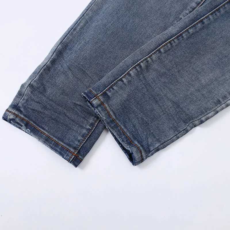 Designer Fashion Washed Nostalgic Elastic Slimming RETRO Washed Blue Hole Patch Jeans High Street Hip Hop Brand X250718