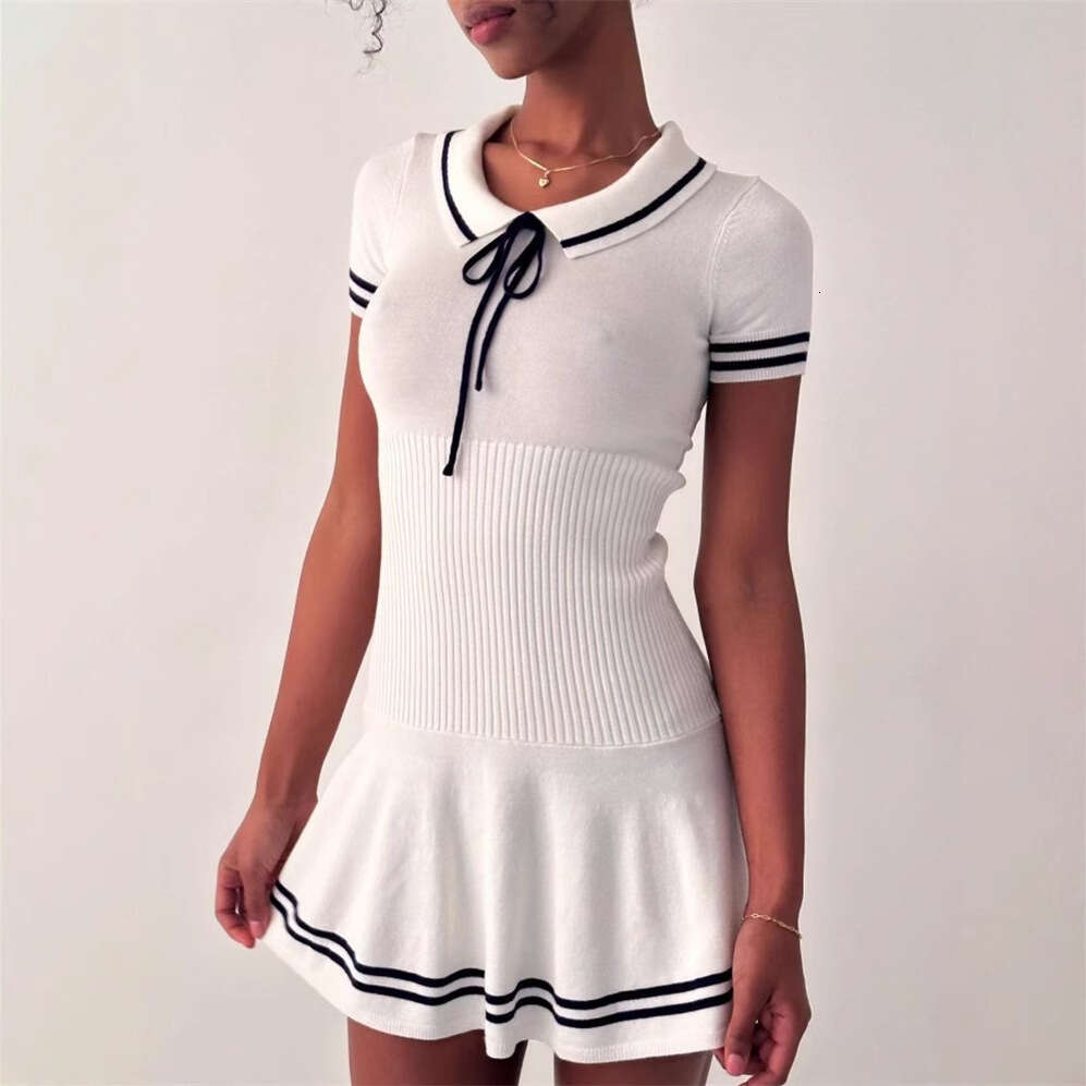 Yu Shuxin Same Summer New College Style Striped Knitted Short Sleeve Girl Polo Collar Dress A-Line Skirt B5