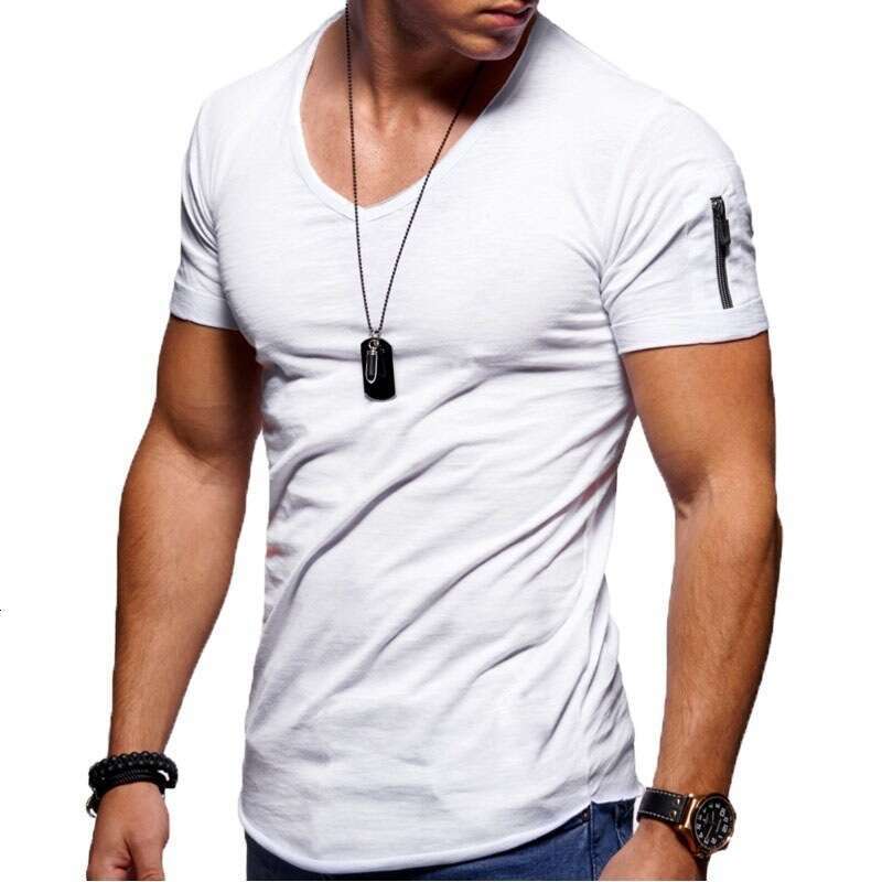 Summer V-Neck Solid Color Plus Size Casual Short Sleeve Men's Zipper Arm Round Neck T-Shirt B5