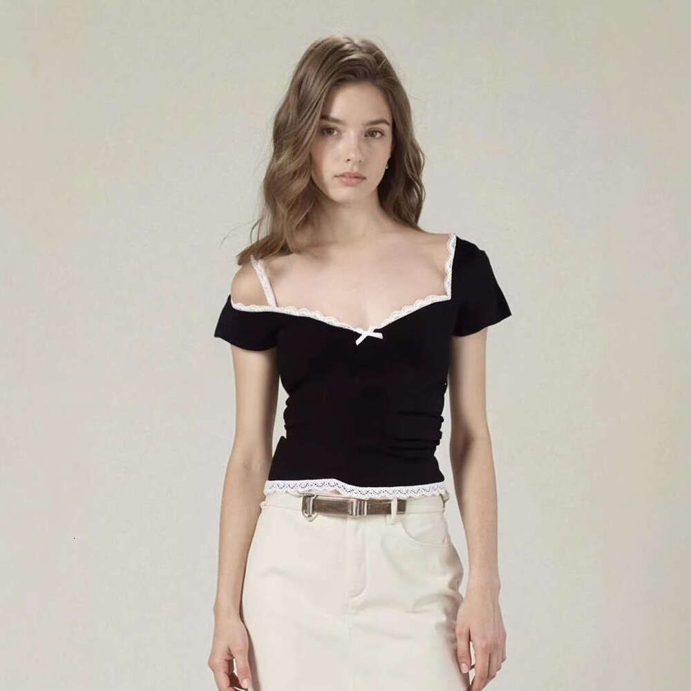 American Style Lace Square Neck Short Sleeve T-Shirt For Women Summer Slimming Versatile Basic Top B5 g7