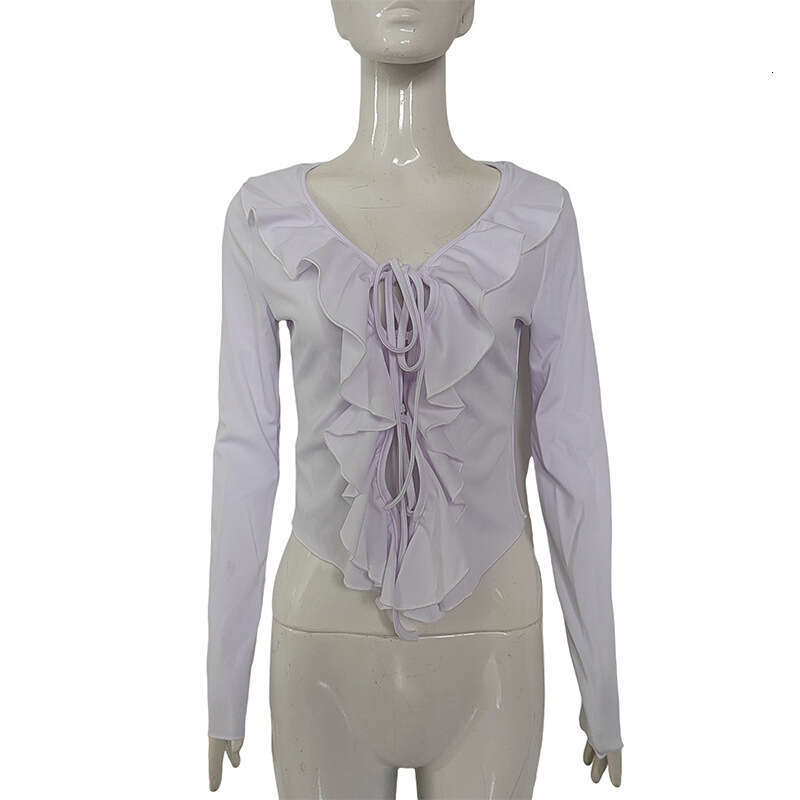 New Style Lace-Up Long Sleeve Women's Ruffled Sweet Spicy Pure Desire Short Top V-Neck Slim Sexy B5