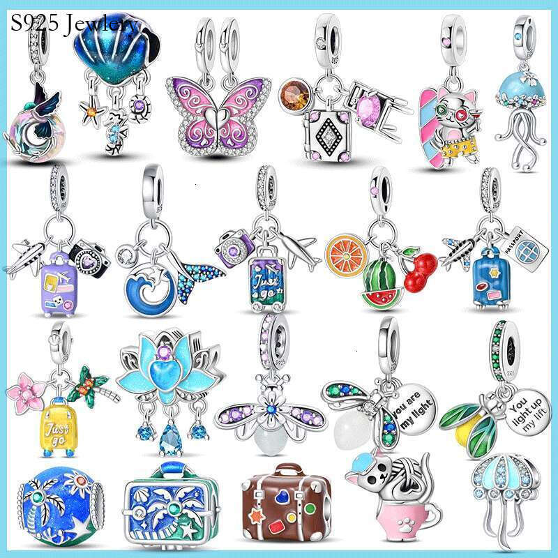 925 Sterling Silver Travel Vacation Luggage Firefly Necklace Pendant Charms Beads Fit Original Bracelets DIY Jewelry Making for women luxury Designer 