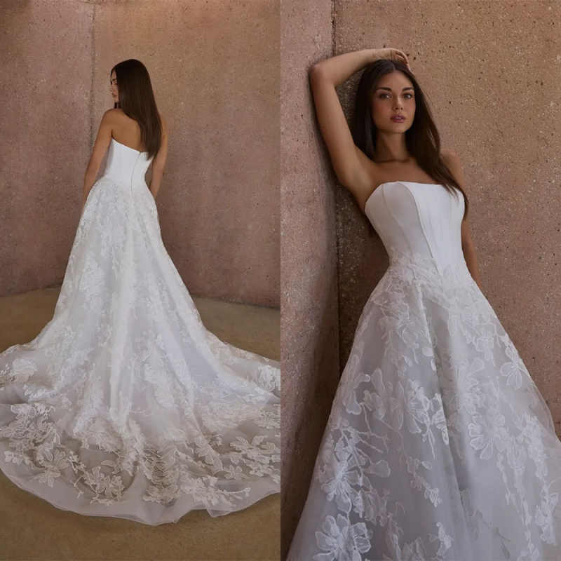 Elegant Wedding Dresses Strapless Sleeveless Applique Zipper A Line Bridal Gowns Sweep Train Customized Vestidos De Novia