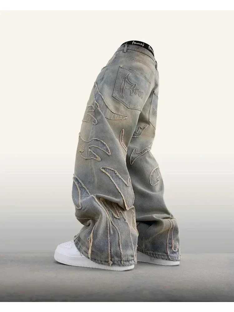Streetwear Fashion Retro Hip Hop Flame Embroidery Loose High Waisted Men Jeans Female Y2K New Harajuku Gothic Wide Leg Pants X250718