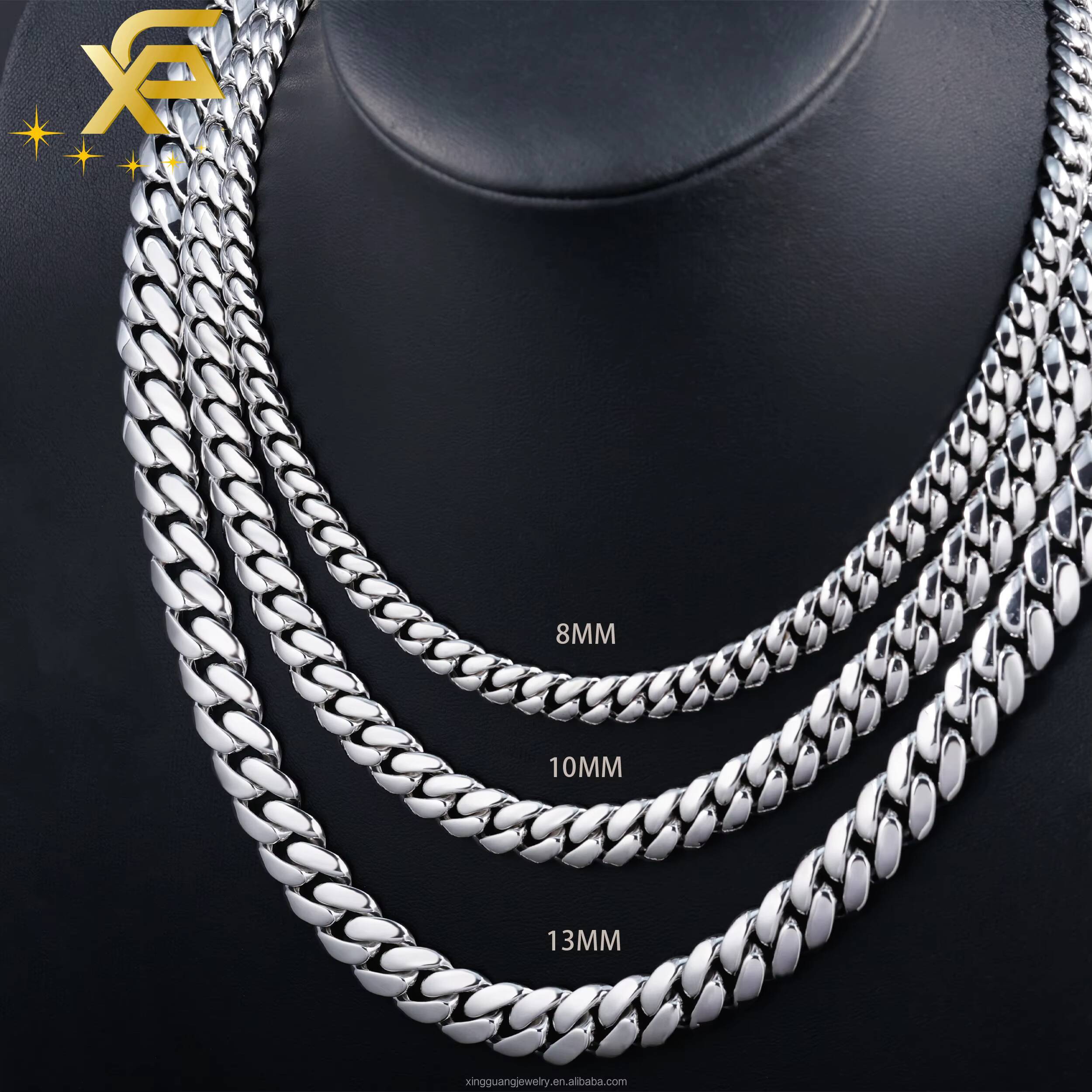 Hot VVS Moissanite Lock Spring Clasp White Gold Plated 8MM 10MM 13MM Miami Cuban Link Solid Silver Plain Chain Cuban Necklace