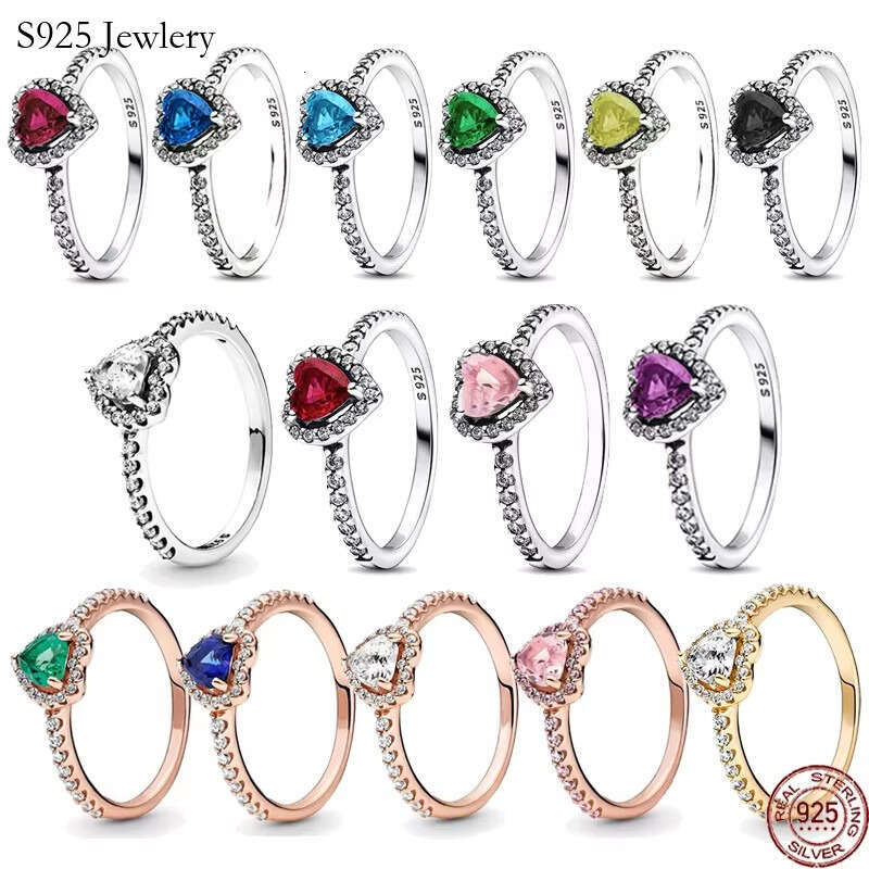 S925 Hot selling 925 sterling silver Rings with red blue black pink purple Heart stone ring for women gift fine jewelry wholesale freeshipping