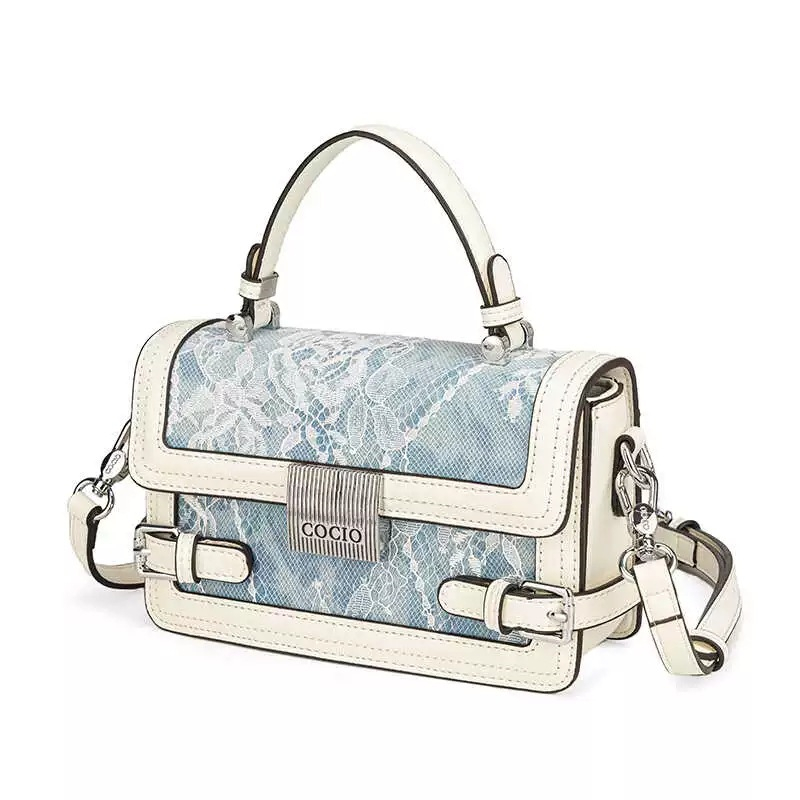 COCIO designer Shoulder Bags denim blue lace embroidered hand-held small square bag lock buckle fashionable leather crossbody shoulder bag