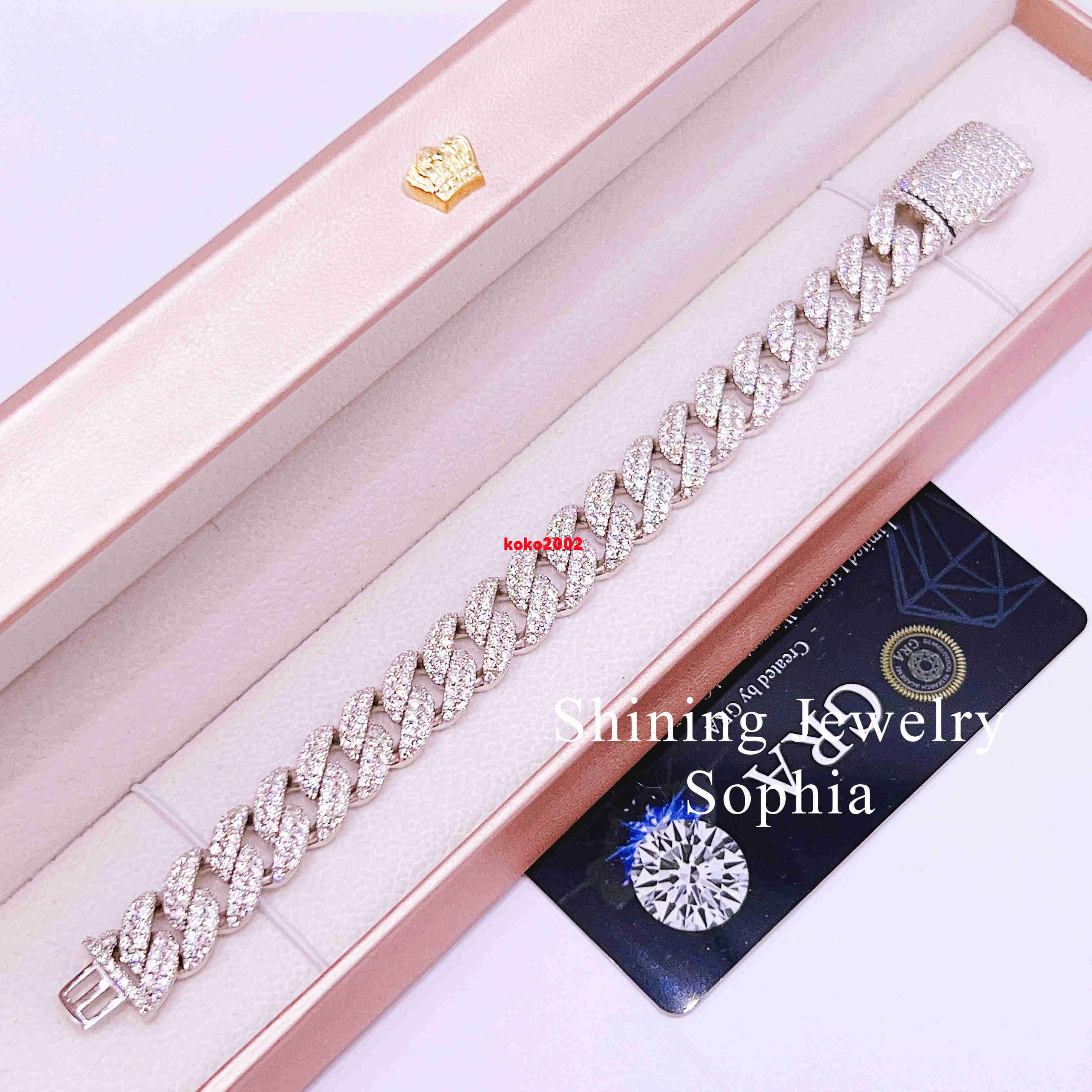 Fine Jewelry Bracelet 12MM 2Row Hip Hop Jewelry 925 Sterling Silver D-VVS1 Moissanite Diamond Cuban Link Bracelet