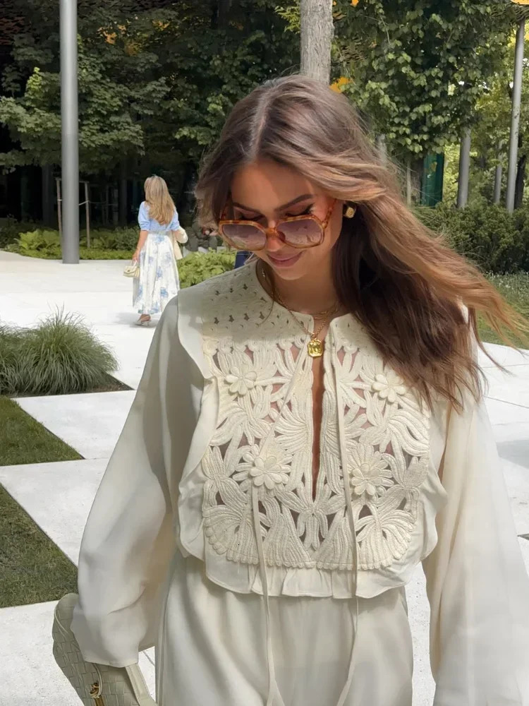 Retro Crochet Patchwork Mini Skirt Suits Women Chic O Neck Long Sleeve Lace Up Shirts Set Lady Summer High Street Outwear 2025 250715