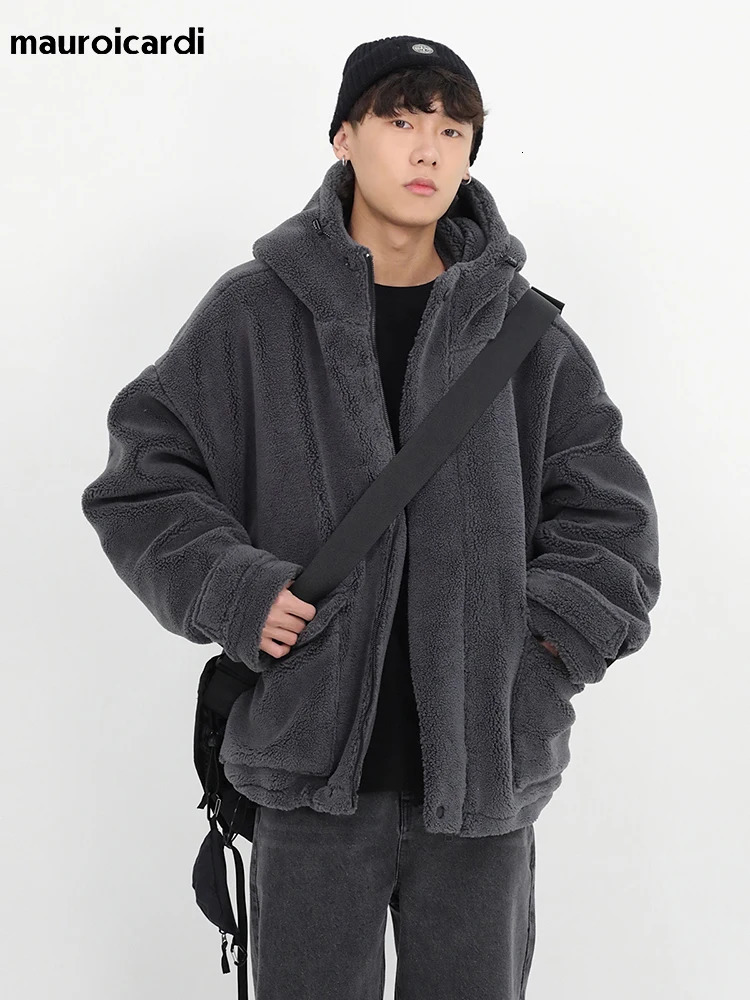 Mauroicardi Winter Thick Warm Oversized Dark Grey Sherpa Jacket Men with Hood Zip Up Fluffy Loose Casual Faux Lamb Fur Coat 250715