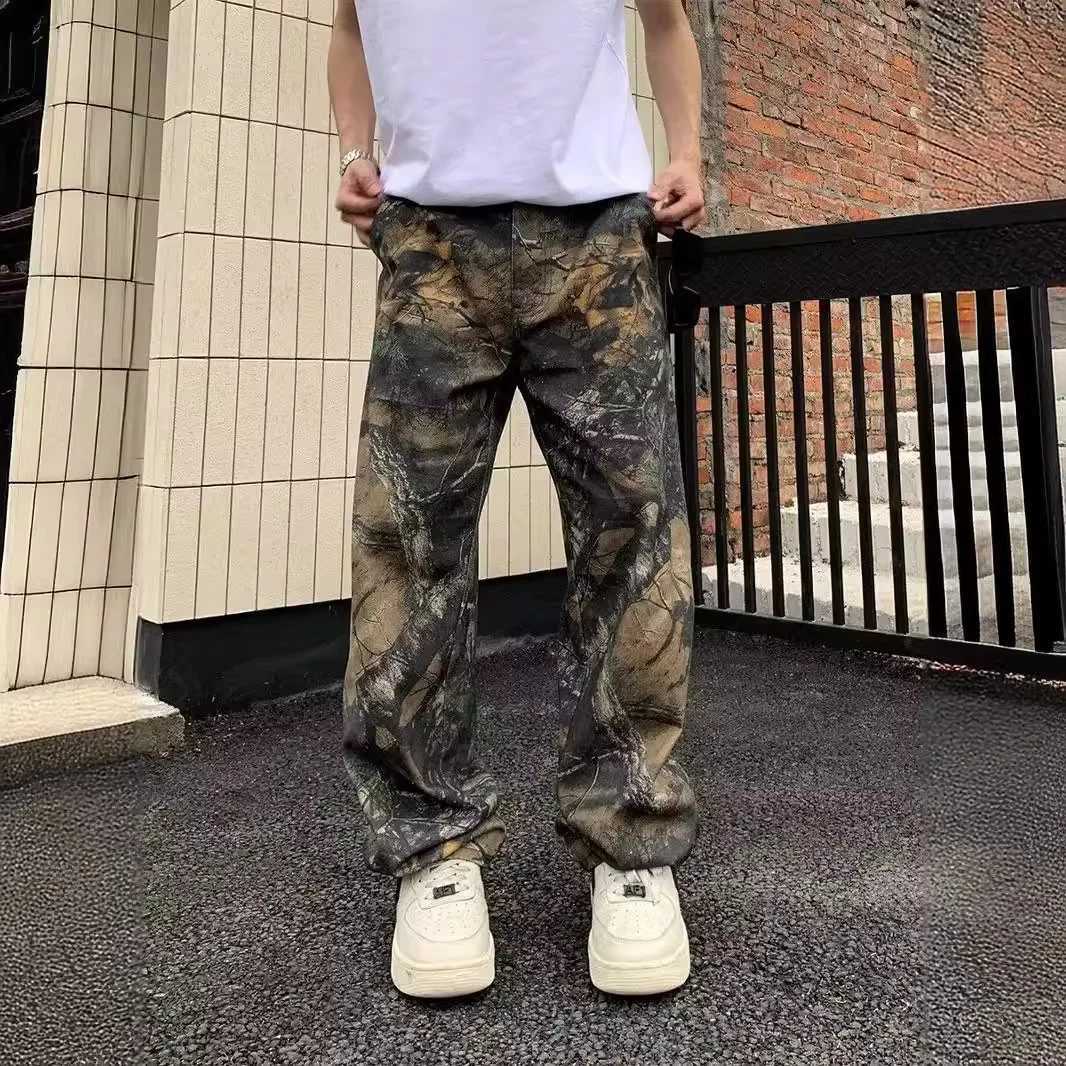 2024 Fashionable Mens Work Jeans with European and American High Street Washed Spliced Camouflage Leaf Print. X250718