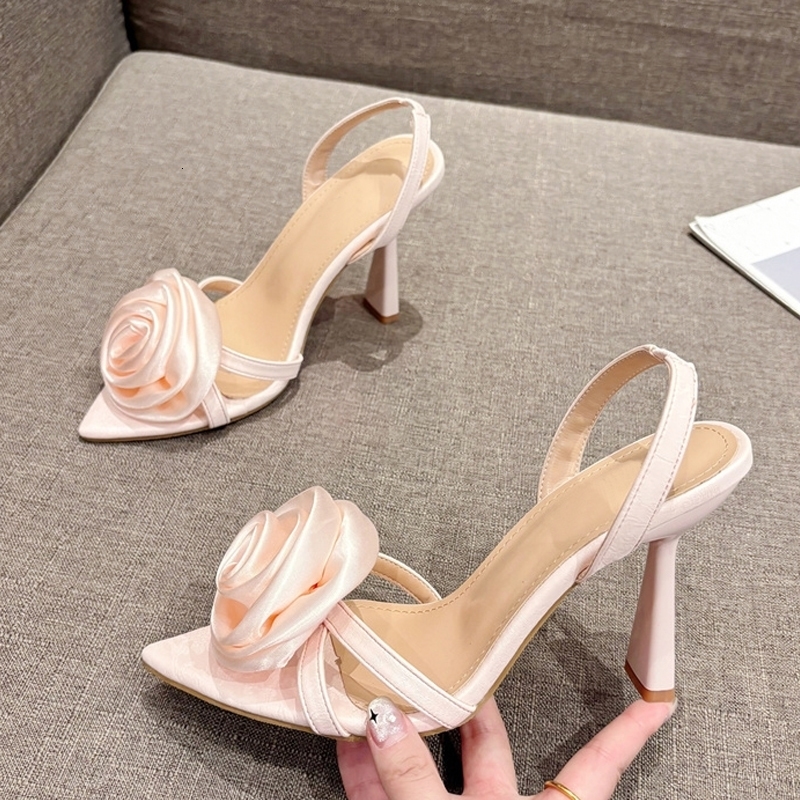 Liyke Summer Fashion Silk Rose Flowers Pointed Open Toe Back Strap Sandal Red High Heels Wedding Prom Shoes Zapatos Mujer t250703