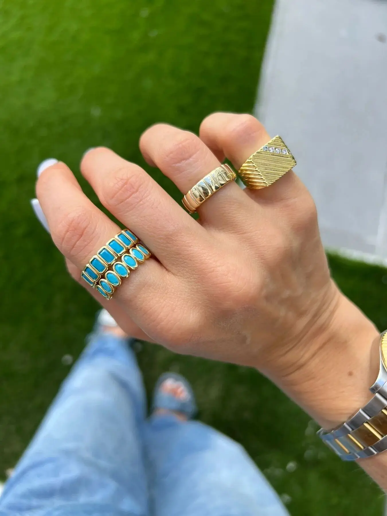 sdzstone 2025 New fashion Gold Color Geometry Turquoises Fashion Finger Ring For Women Minimalist New Wedding Aesthetic Ring Jewelry