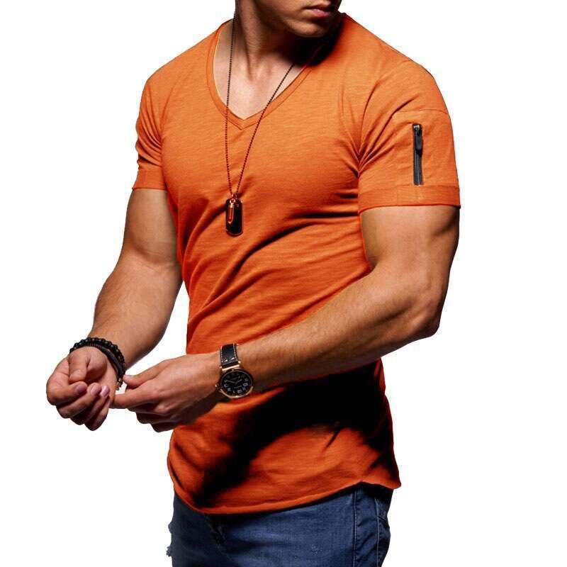 Summer V-Neck Solid Color Plus Size Casual Short Sleeve Men's Zipper Arm Round Neck T-Shirt B5
