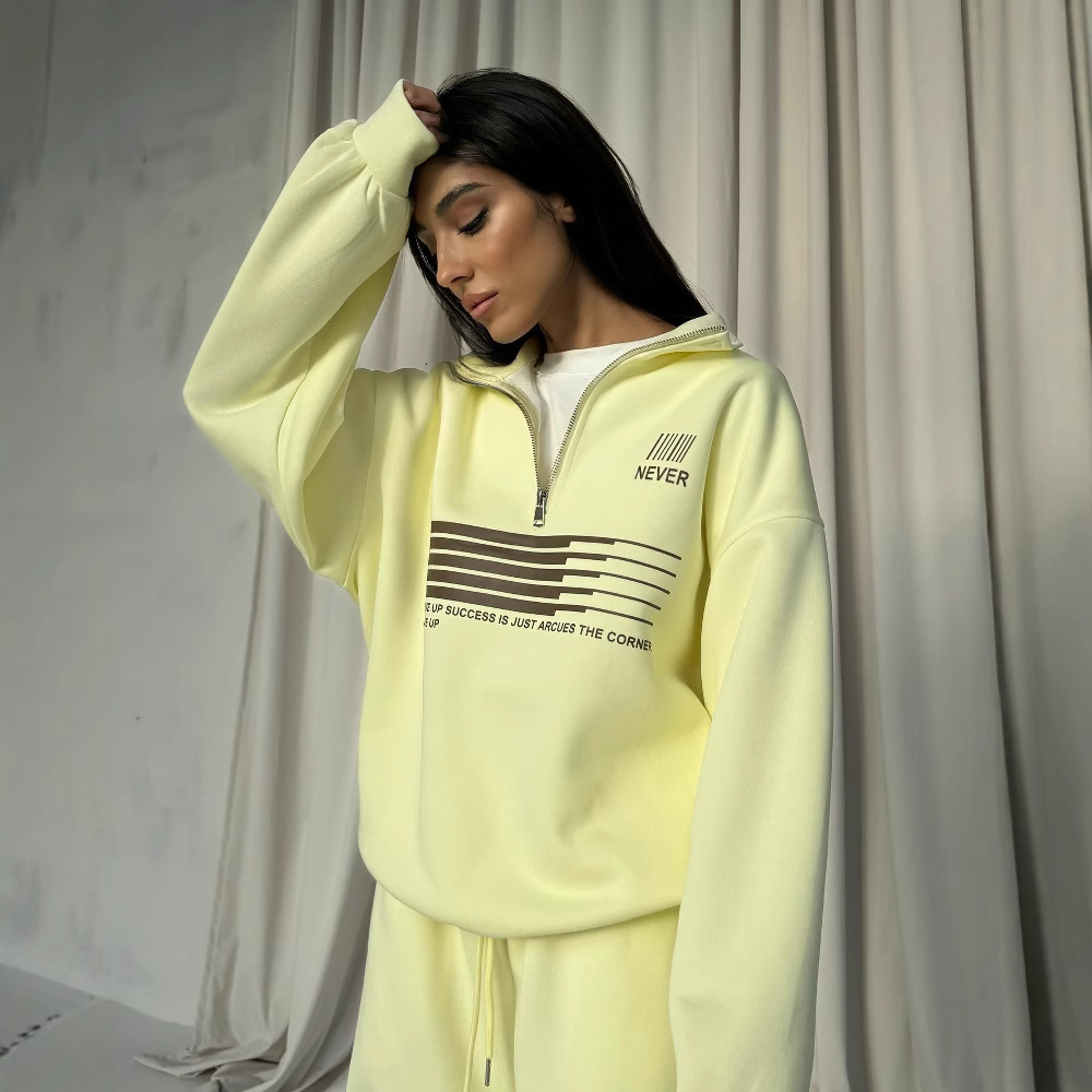 Lazy Sweatshirt Two-Piece Set Casual Turn-Down Collar Half-Zip Bright Color Loose Versatile Sweatshirt Long Pants Spring Autumn 250718