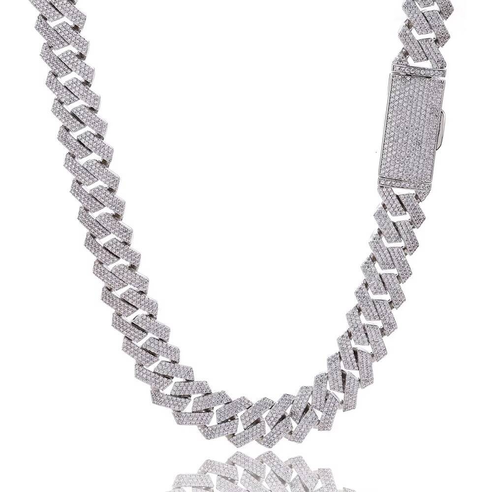 Three Rows Full Diamonds S925 Silver Moissanite Necklace for Men Hip Hop Rhombus Cuban Chain Style