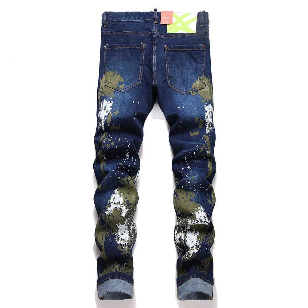 Men Painted Stretch Denim Jeans Streetwear Slim Tapered Pants Button Fly Blue Cotton Trousers X250718