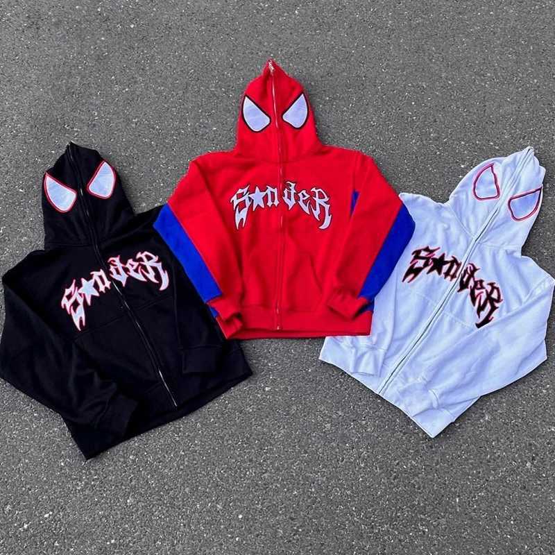 Harajuku Spider Print Hoodies Men Women Hip Hop Zipper Goth Punk Mens Casual Long Sleeve Loose Y2K Sweatshirt Winter Streetwear X250718