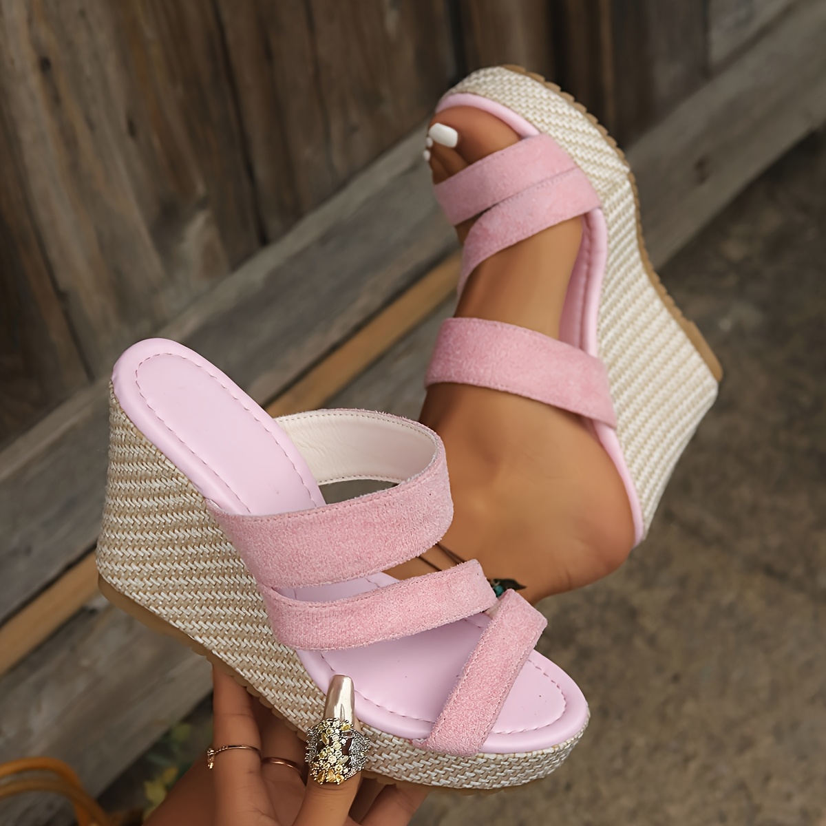 New linen fashion slope heel thick bottom one foot stirrup sandals