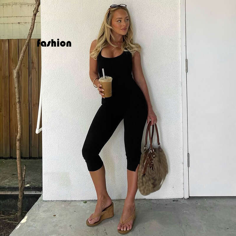 Street Style Casual Women's Solid Color Halter Neck Jumpsuit Backless Fitness Yoga Sports Slim Fit Mid-Length Pants B5 g5