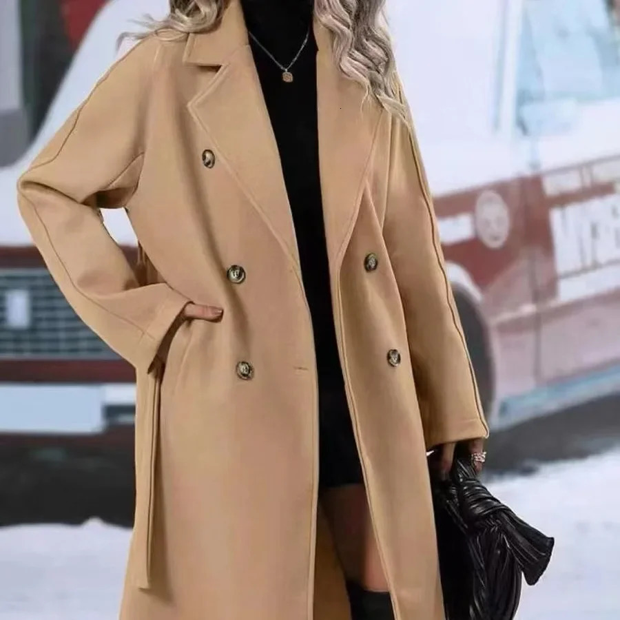 Thickened Long Ladies Windbreaker Double-breasted Pure Color Collar Dragon And Phoenix Wool Tie Belted Coat for Women 250715