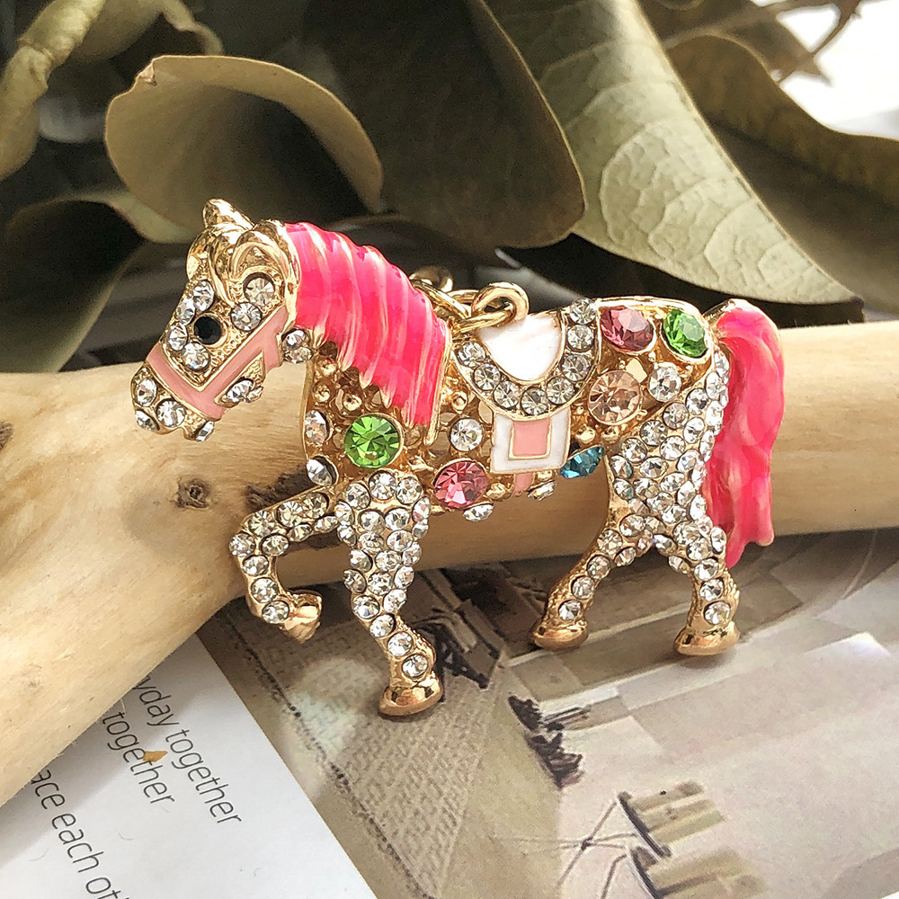 Diamond-in Pony Bag Charms Cute Cartoon Metal Keychain Hanging Women's Bag Accessories Car Cute Pet Decoration
