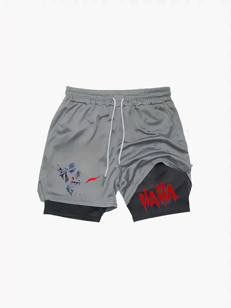 Mens Multifunctional Double-Layer Sports Shorts Breathable Elastic Fabric with Hooks and Towel Pockets Random Pattern W250718