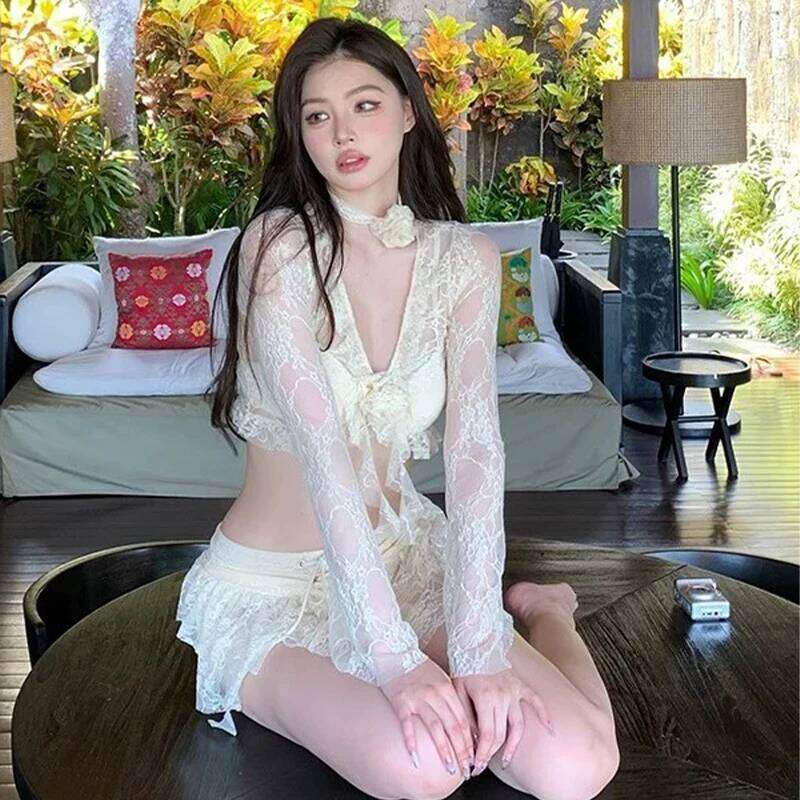 Pure Temptation Lace 4pcs Push Set Slimming Bikini Thermal Spa Resort Sexy Dress Cover Up Swimsuit for Vacation