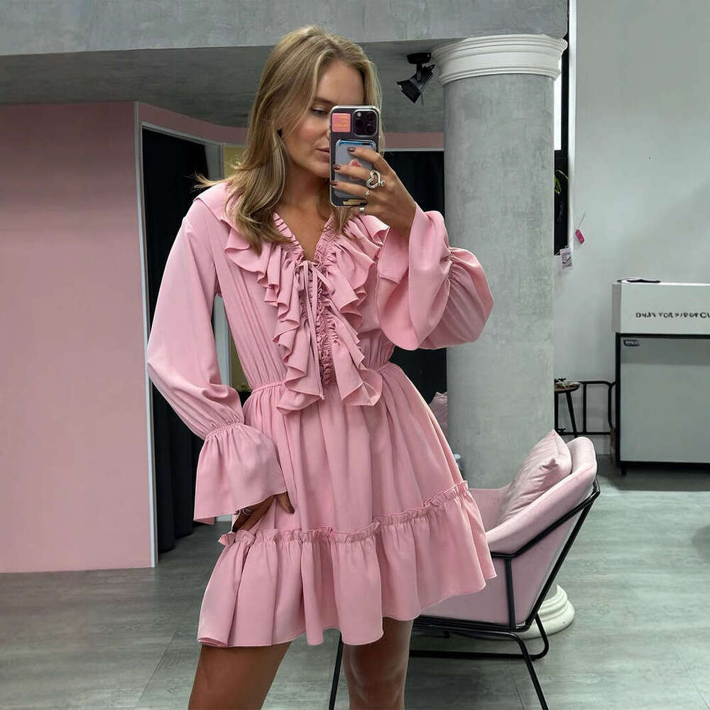 V-Neck For Women Spring Summer New Bell Sleeve Short Chiffon Dress B5