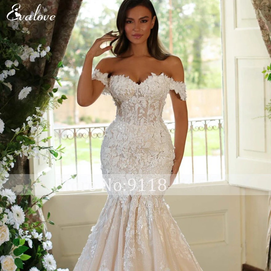 Customized Romantic Sweetheat Lace Up 3D Flowers Mermaid Wedding Dress Sexy Off-Shoulder Appliques Beading Trumpet Bridal Gown