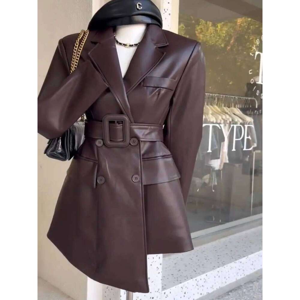 Coffee Color Retro Leather Jacket Clothing Autumn New High End Waist Cinched Slimmimg Mid Length Suit Coat For Women