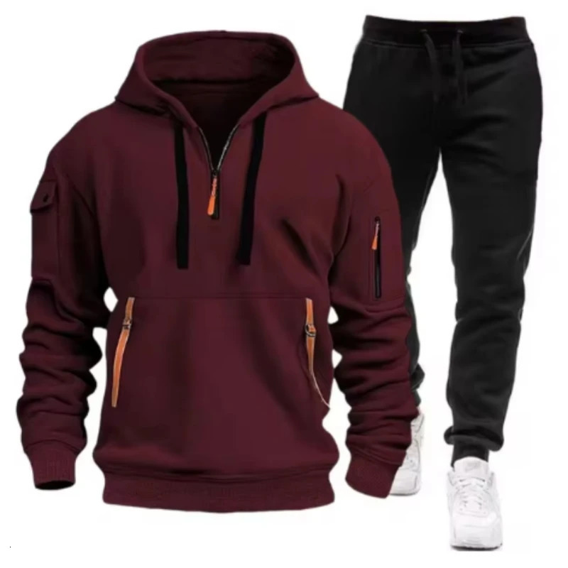 Mens Leisure Sports Pullover Multi Zipper Arm Pocket Hoodie Set Autumnspring Fashion Hoodie Mens Loose Coat Pants Suit 250715