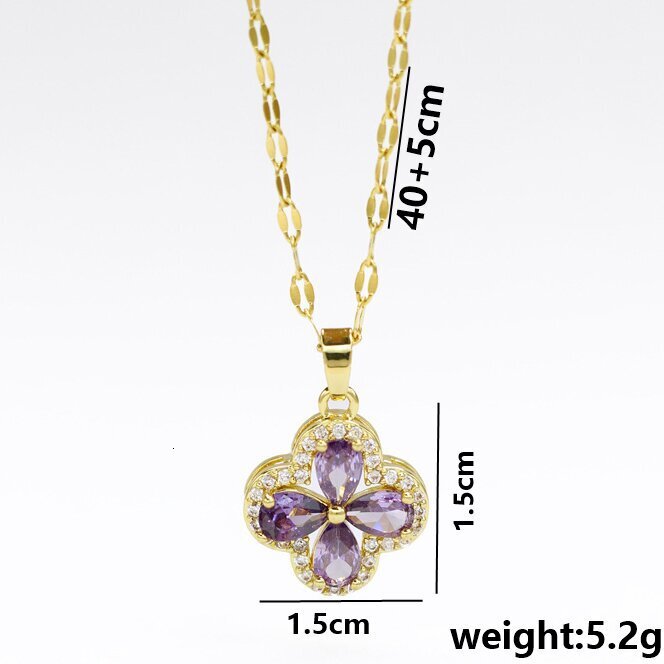 Micro Pave Zircon Violet Four-Leaf Clover Pendant Accessory Titanium Steel Necklace for Women Light Versatile Collarbone Chain ddmythur