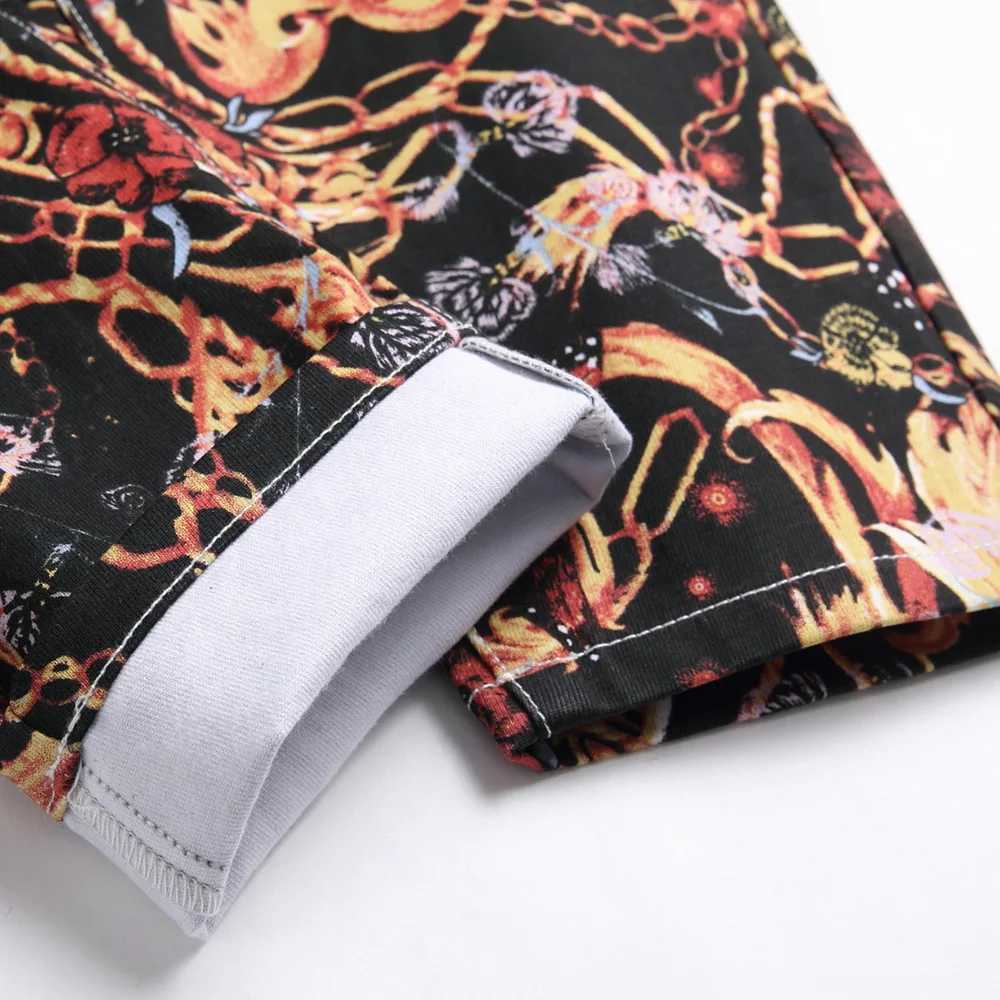 Men Flower Chain Digital Print Pants Fashion Slim Tapered Stretch Denim Jeans Streetwear Black Trousers X250718