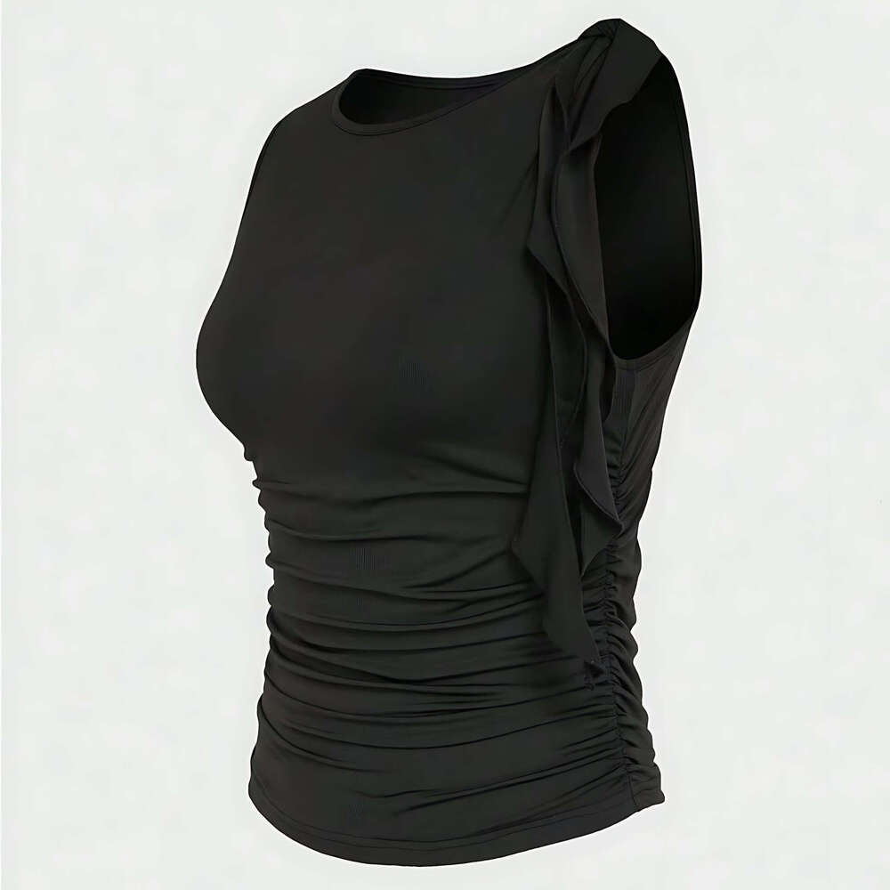 American Style Round Neck Sleeveless Top With Waist Pleat Design Slim Fit Single Shoulder Ribbon Summer Body Shaping Vest B5 g5