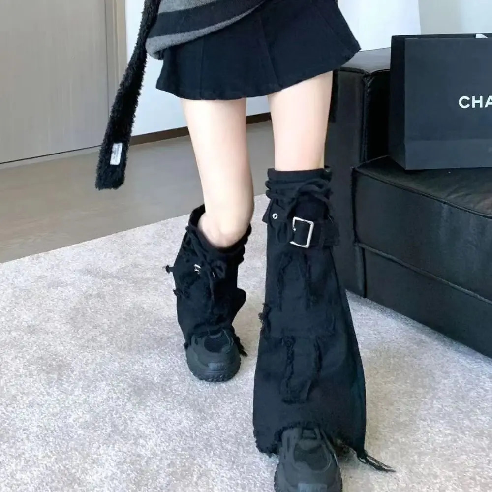 Fashion Y2k Leg Warmer Punk Harajuku Black Denim Leg Covers Vintage Drawstring Strap Boot Socks 250717