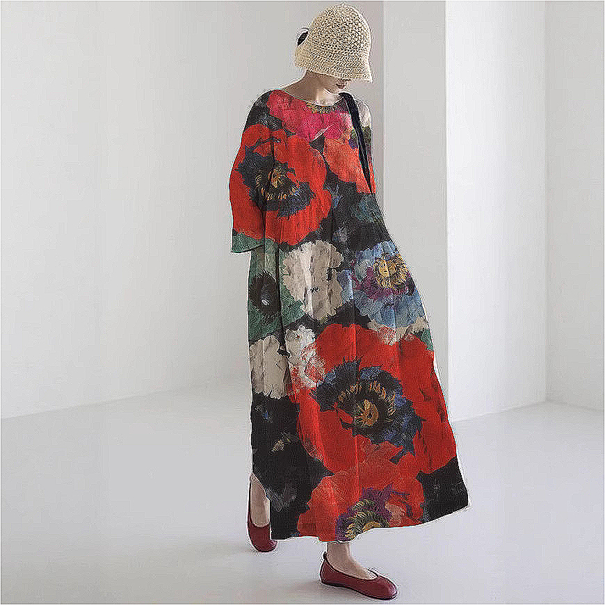 226 Summer new European and American women's loose round neck fashionable high-end short-sleeved printed dress