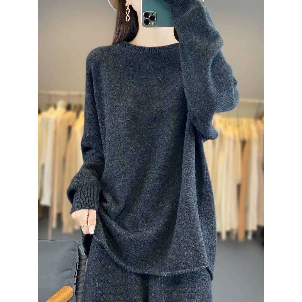 Women's Loose Suit Spring Fall Winter 100% Merino Wool O-Neck Pullover Sweater High Waist Straight Pants Knitting Two Piece Set MDNG
