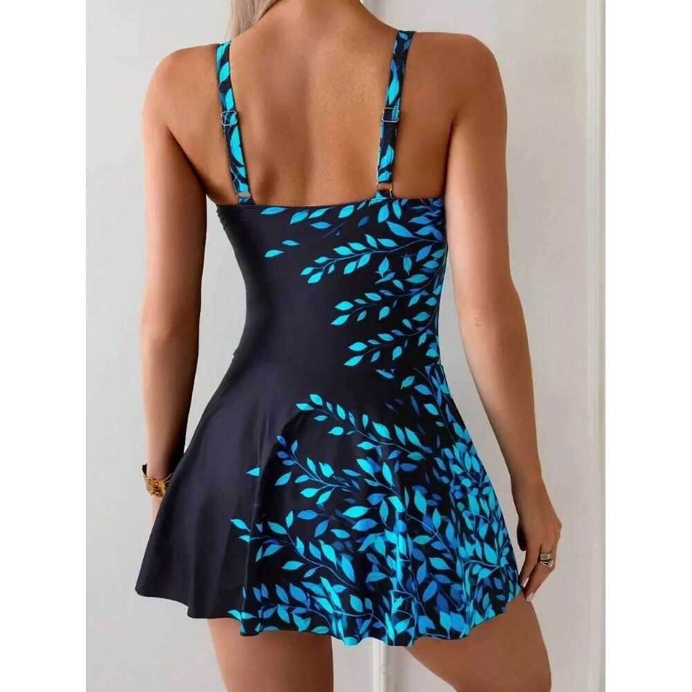 Fashionable Modest One-Piece Swimsuit for Women with a Leaf Print And Skirt, Designed to Flatter The Figure.