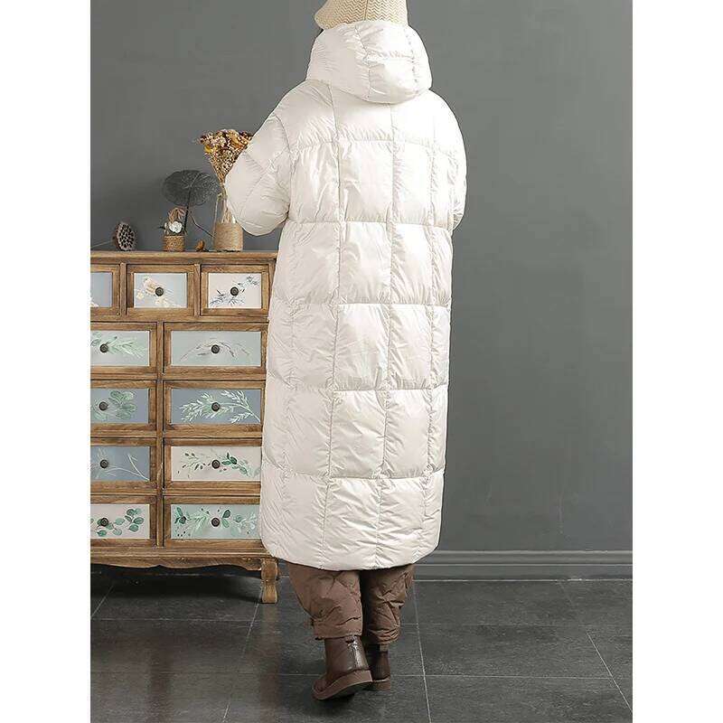 Schinteon Women Down Jacket Casual Loose Over Size Autumn Winter Warm Thick Long Outwear With Removable Hood Solid Color Coat MDNG